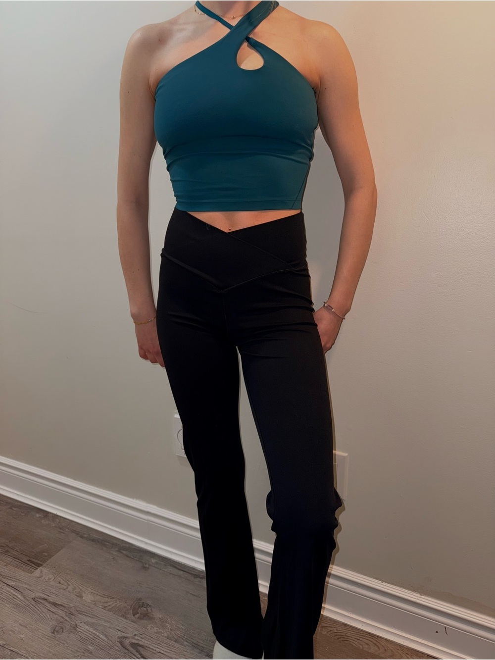 Lulu's Teal Crisscross Halter Crop with Black High-Waist Wide-Leg Pants